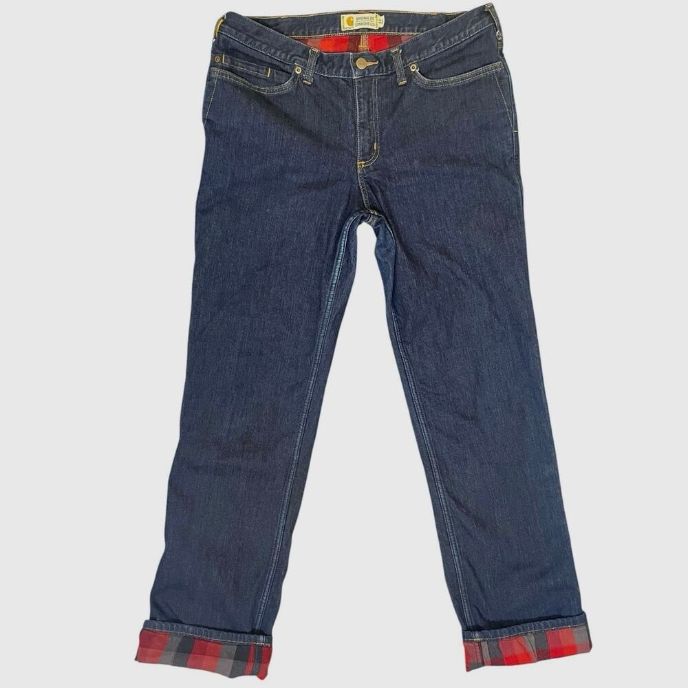 Carhartt Blaine Plaid  Flannel Lined Jeans Straight Leg Women 14 L Outdoors Cozy